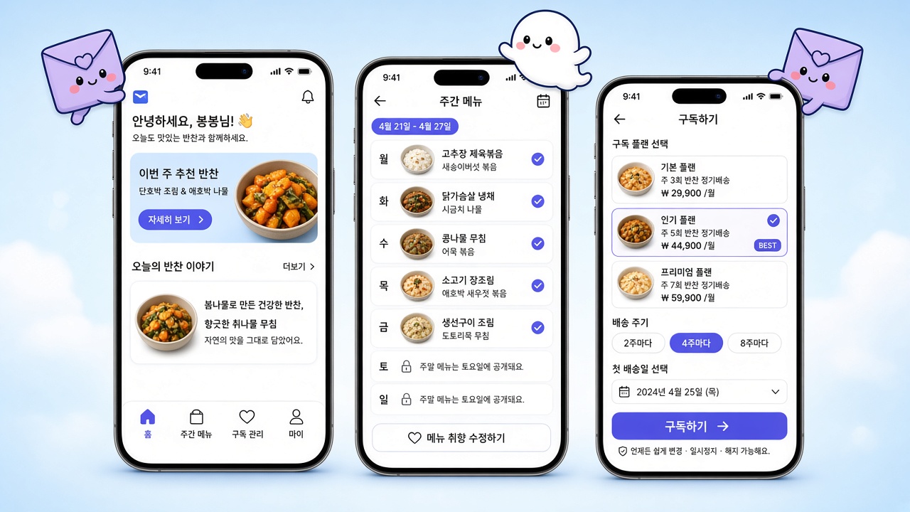 반찬 구독 화면설계 — 홈부터 관리자까지 일곱 장