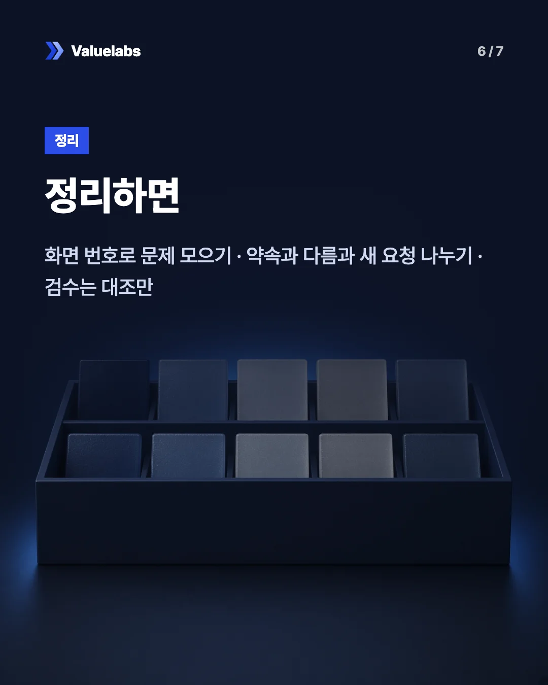정리하면. 화면 번호로 문제 모으기 · 약속과 다름과 새 요청 나누기 · 검수는 대조만