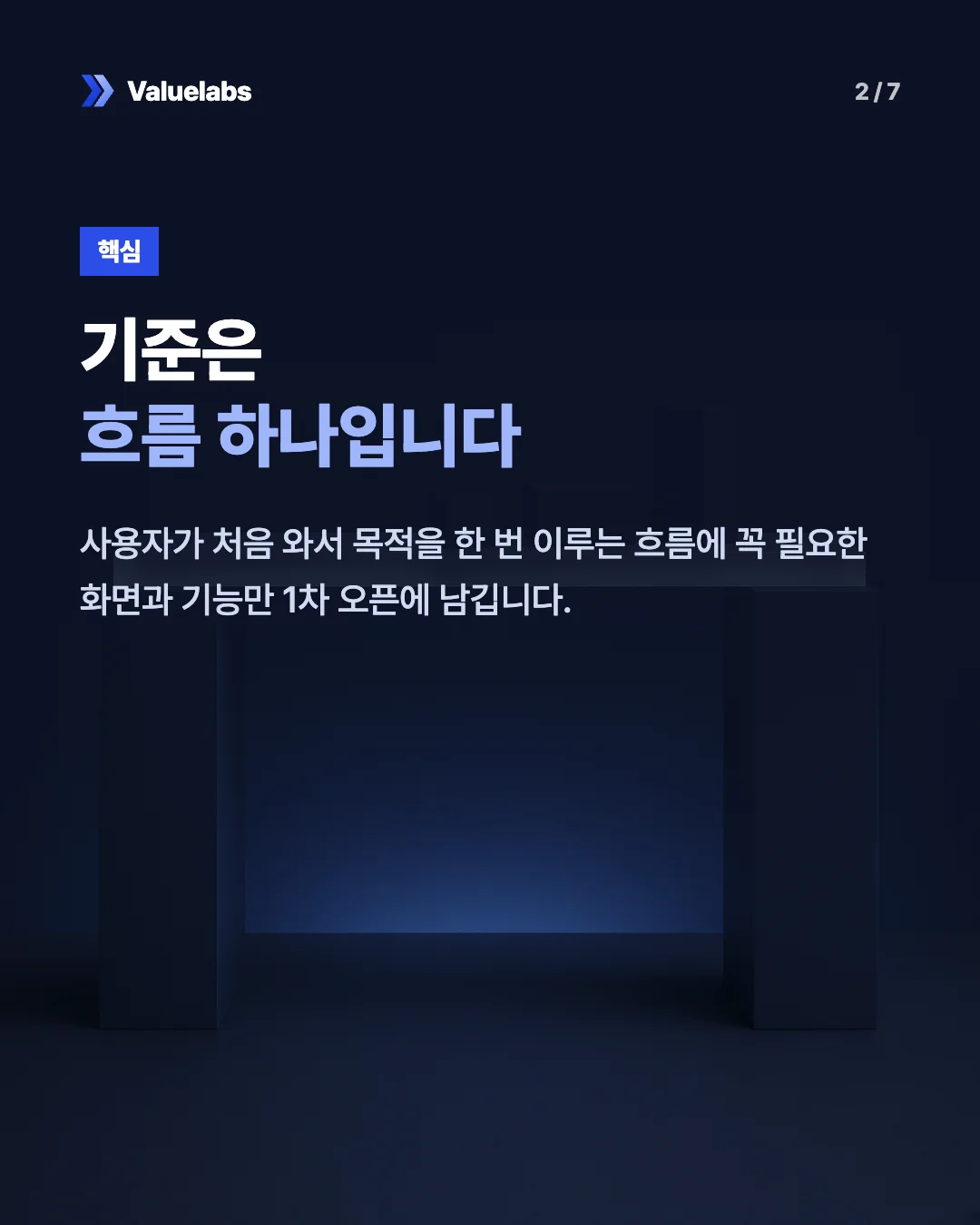 기준은흐름 하나입니다. 사용자가 처음 와서 목적을 한 번 이루는 흐름에 꼭 필요한 화면과 기능만 1차 오픈에 남깁니다.