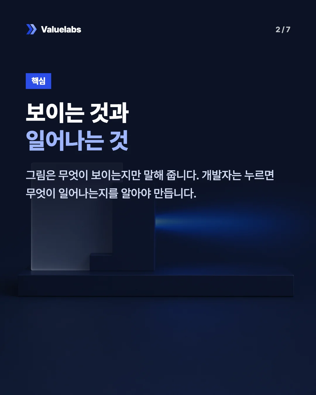 보이는 것과일어나는 것. 그림은 무엇이 보이는지만 말해 줍니다. 개발자는 누르면 무엇이 일어나는지를 알아야 만듭니다.